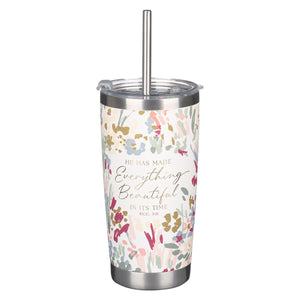 White Floral Everything Beautiful Stainless Steel Travel Mug