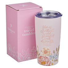 Strength and Dignity Pink Floral Stainless Steel Travel Tumbler - Proverbs 31:25