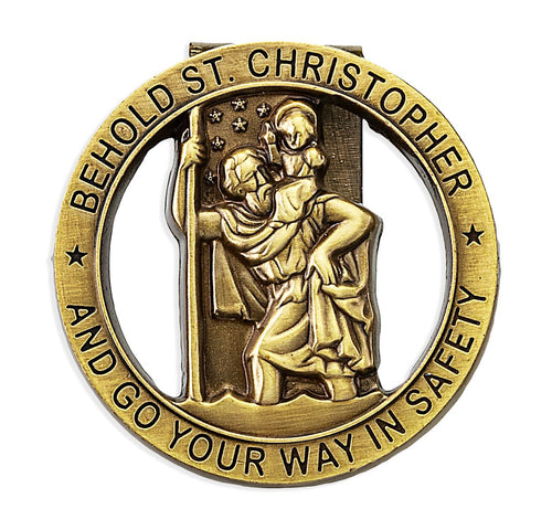 St Christopher Antique Brass Finished Auto Visor Clip