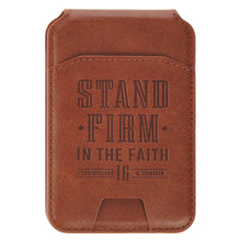 Stand Firm Honey-brown Faux Leather Phone Wallet with Stand - 1 Corinthians 16:13
