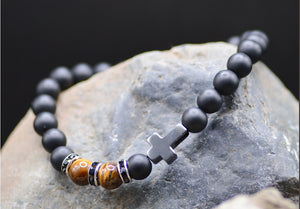 Cross Black Bead/Tiger Eye Bracelet - Eden Merry Bracelet