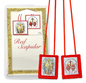 Crucifixion and Sacred Hearts Genuine Red Wool Scapular