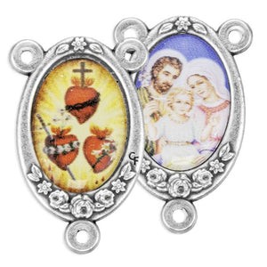 Three Hearts of Jesus, Mary and Joseph Rosary Centerpiece with Flower Border