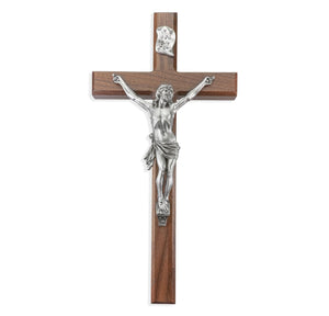 Walnut Crucifix with a Fine Pewter Corpus