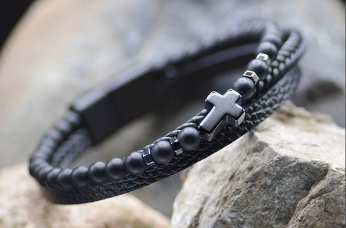 Cross Leather Black Beaded Bracelet - Eden Merry Bracelet