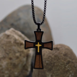 Wood/Black Cross Necklace - Eden Merry Necklace