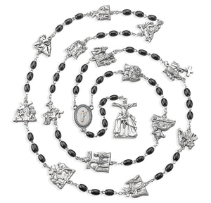 Black Glass Via Crucis Bead Rosary with 14 Stations of the Cross in Grey Velvet Box