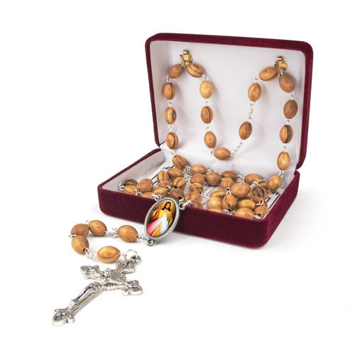 Olive Wood Rosary With Divine Mercy of Jesus Oval Center