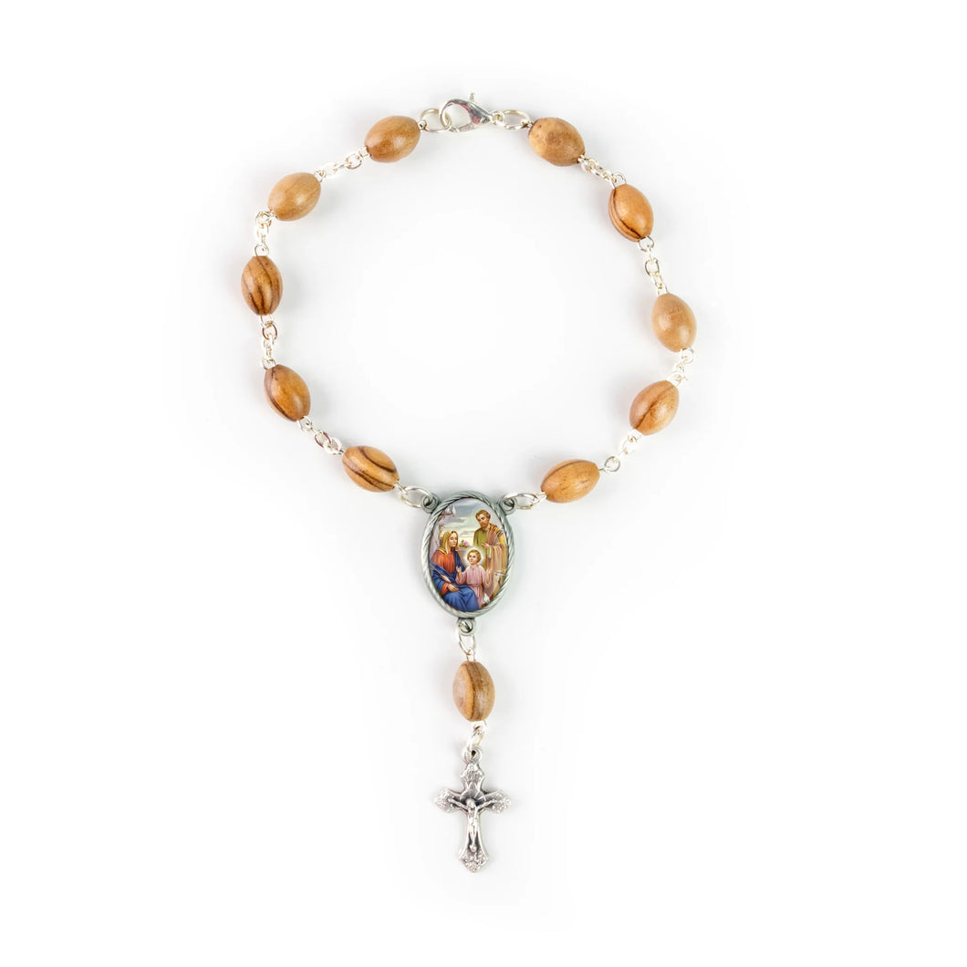 Olive Wood Auto Rosary with Holy Family Centerpiece