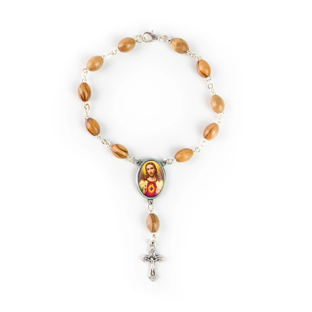 Olive Wood Auto Rosary with Sacred Heart Centerpiece