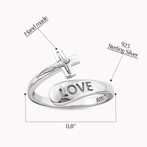 STERLING SILVER WRAP RING - LOVE AND CRUCIFIX