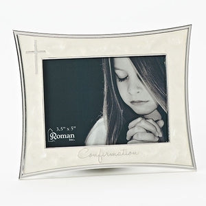5.5"H CONFIRMATION FRAME IVORY/HOLDS 3.5X5 PHOTO WITH SILVER CROSS