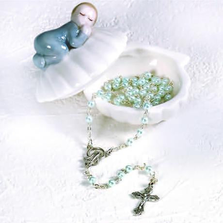 Porcelain Baby Boy Clam Shell Keepsake Box with Rosary