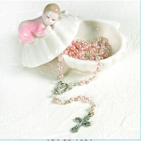 Porcelain Baby Keepsake Box with Rosary - Girl - Clam Shell