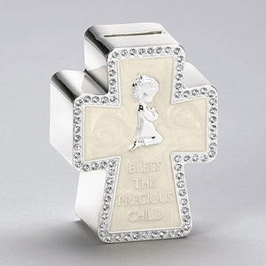 4.25"H CROSS SHAPED BANK WITH PRAYING GIRL "BLESS THIS PRECIOUS CHILD"