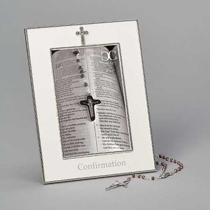 8"H WHITE CONFIRMATION FRAME W/RED ROSARY