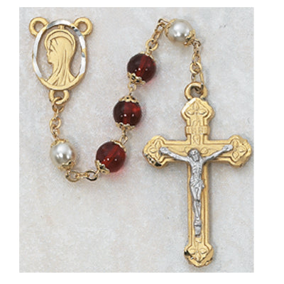 8MM RED/PEARL GOLD ROSARY - 452HF