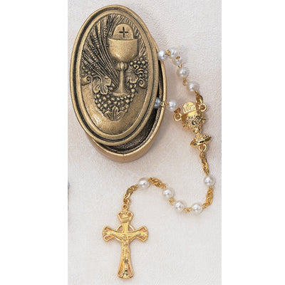GOLD PEARL ROSARY W/ HOLDER - 462CBH - Catholic Book & Gift Store 