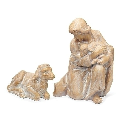 2PC ST BOY SHEPHERD W/ LAMB; WOOD CARVED LOOK 18.5