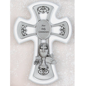 6" WHITE CROSS WITH PEWTER CHALICE CROSS - 75-29 - Catholic Book & Gift Store 