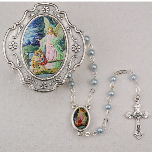 PEWTER GUARDIAN ANGEL ROSARY BOX WITH BLUE ROSARY - 760-90 - Catholic Book & Gift Store 