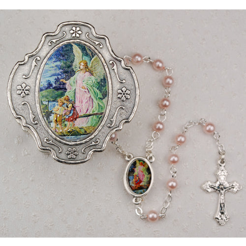 PEWTER GUARDIAN ANGEL ROSARY BOX WITH PINK ROSARY - 760-91 - Catholic Book & Gift Store 