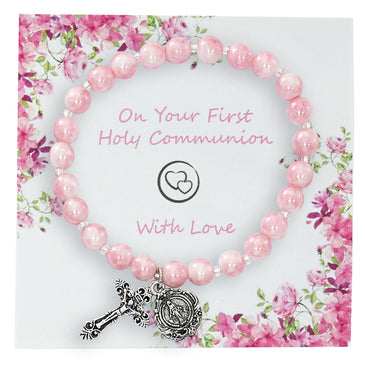6MM PINK SWIRL STRETCH BRACELET WITH CRUCIFIX AND MIRACULOUS MEDAL