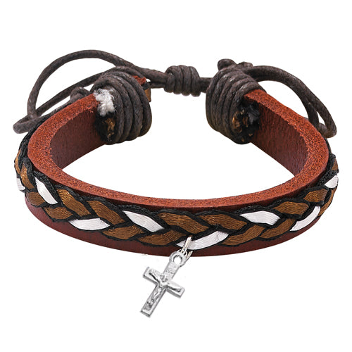 LEATHER BRACELET WITH BROWN RIBBON - BR557CFC - Catholic Book & Gift Store 