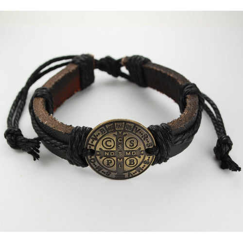 LEATHER ST BENEDICT ROPE BRACELET - BR563 - Catholic Book & Gift Store 