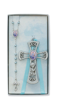 PEWTER PRAYING BOY CROSS WITH GUARDIAN ANGEL ROSARY SET