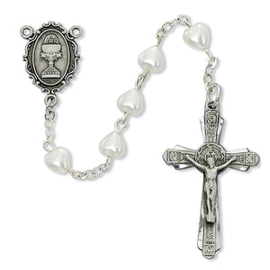 PEWTER 5MM WHITE PEARL HEART COMMUNION ROSARY - C85DW - Catholic Book & Gift Store 