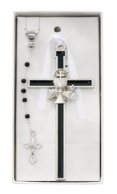 BLACK ENAMELED CHALICE CROSS WITH BLACK COMMUNION ROSARY