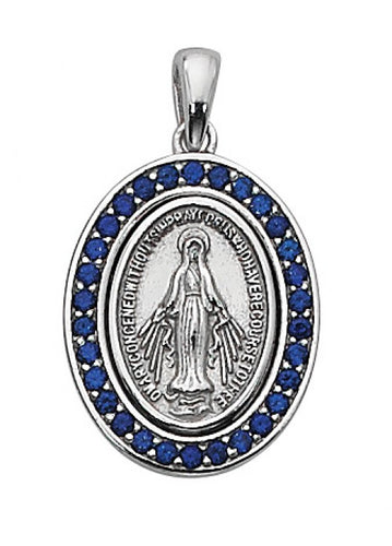 STERLING SILVER MIRACULOUS MEDAL W/BLUE STONES - L698 - Catholic Book & Gift Store 