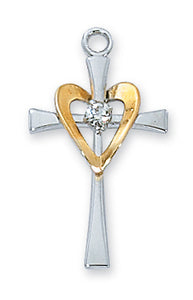 STERLING SILVER CROSS W/GOLD HEART - L9117 - Catholic Book & Gift Store 
