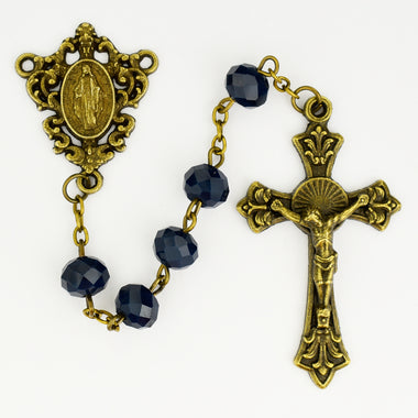 8MM BLUE SUN-CUT ROSARY/ANTIQUE GOLD CENTER AND CRUCIFIX