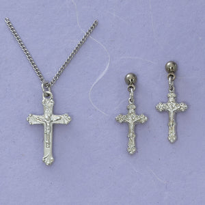 RHODIUM FILLED CRUCIFIX AND EARRING SET - PES7W - Catholic Book & Gift Store 