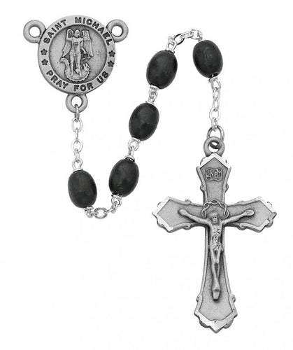 6X8MM BLACK WOOD BEAD ROSARY WITH ST MICHAEL CENTER