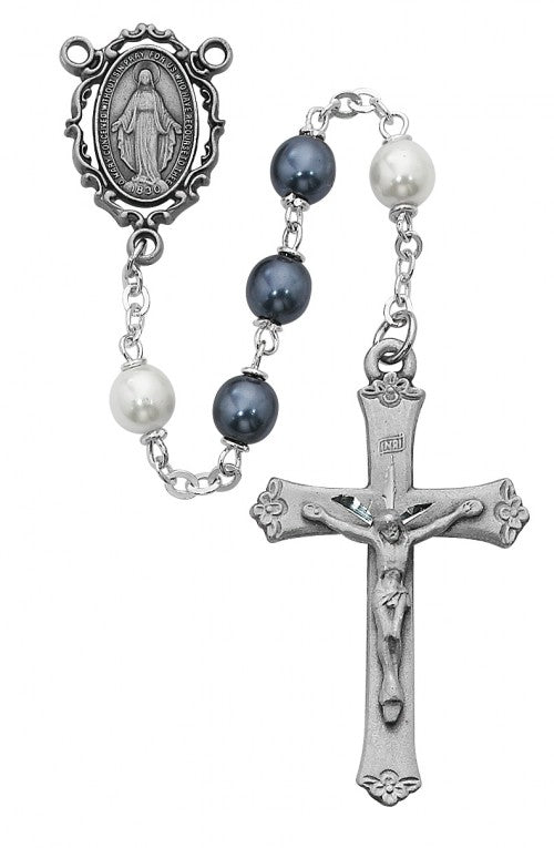 7MM BLUE & WHITE PEARL ROSARY - R418DF