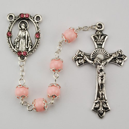 6MM CAPPED PINK GLASS BEAD ROSARY - R501SF - Catholic Book & Gift Store