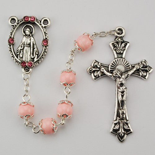 6MM CAPPED PINK GLASS BEAD ROSARY - R501SF - Catholic Book & Gift Store 