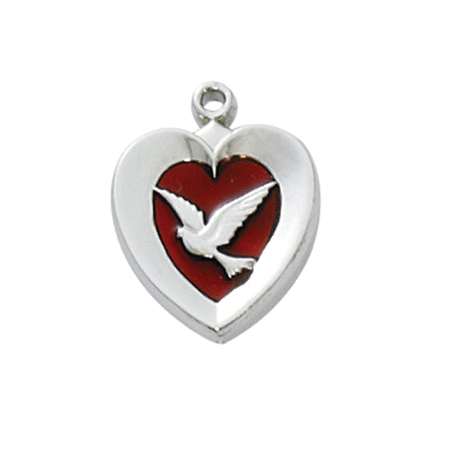 RHODIUM FILLED/RED ENAMEL HEART WITH DOVE - RC652 - Catholic Book & Gift Store