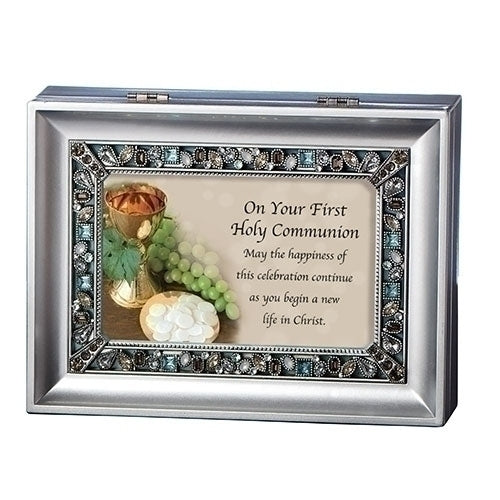 ON YOUR 1ST COMMUNION SILVER LARGE JEWELED MUSIC BOX