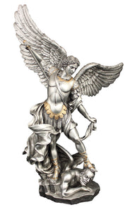 14.5"H ST MICHAEL STATUE, PEWTER STYLE FINISH-GOLD PAINTED TRIM