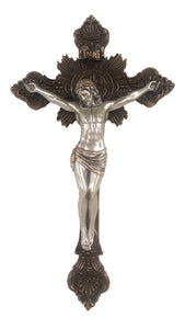 14"H ST BENEDICT WALL CRUCIFIX WITH BRONZE CROSS AND PEWTER STYLE CORPUS