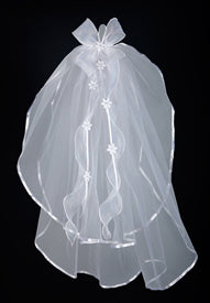SHEER BOWS W/FLOWERS FIRST COMMUNION VEIL - WC525 - Catholic Book & Gift Store 