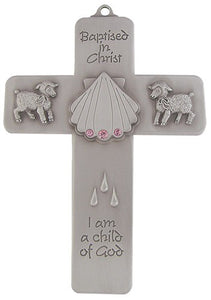 5" PEWTER BAPTISMAL CROSS W/PINK STONES - JC-3206-E - Catholic Book & Gift Store 