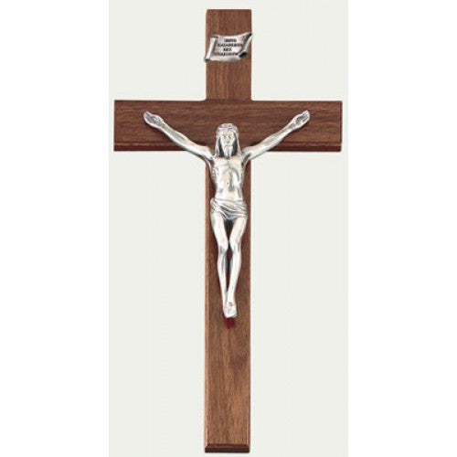 WALNUT CRUCIFIX WITH ANTIQUE SILVER SHROUD CORPUS 8