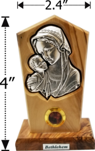 4" OLIVE WOOD STAND WITH SILVER PLATED MADONNA & CHILD