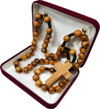 CORDED OLIVE WOOD ROSARY W/OLIVE WOOD CROSS