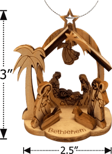 3"H OLIVE WOOD NATIVITY W/GROTTO ORNAMENT